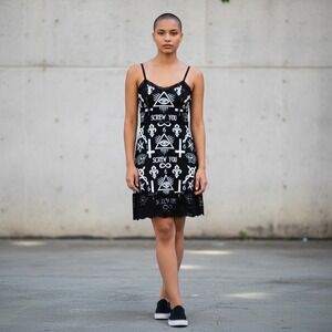 Rat Baby Womens Black Occult Graphic Lace Trim Slip Mini Dress Small